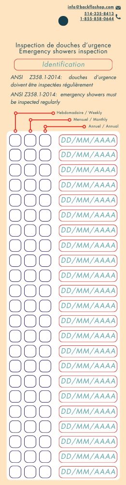 L'image présente une étiquette d'inspection de douches d'urgence au premier plan.